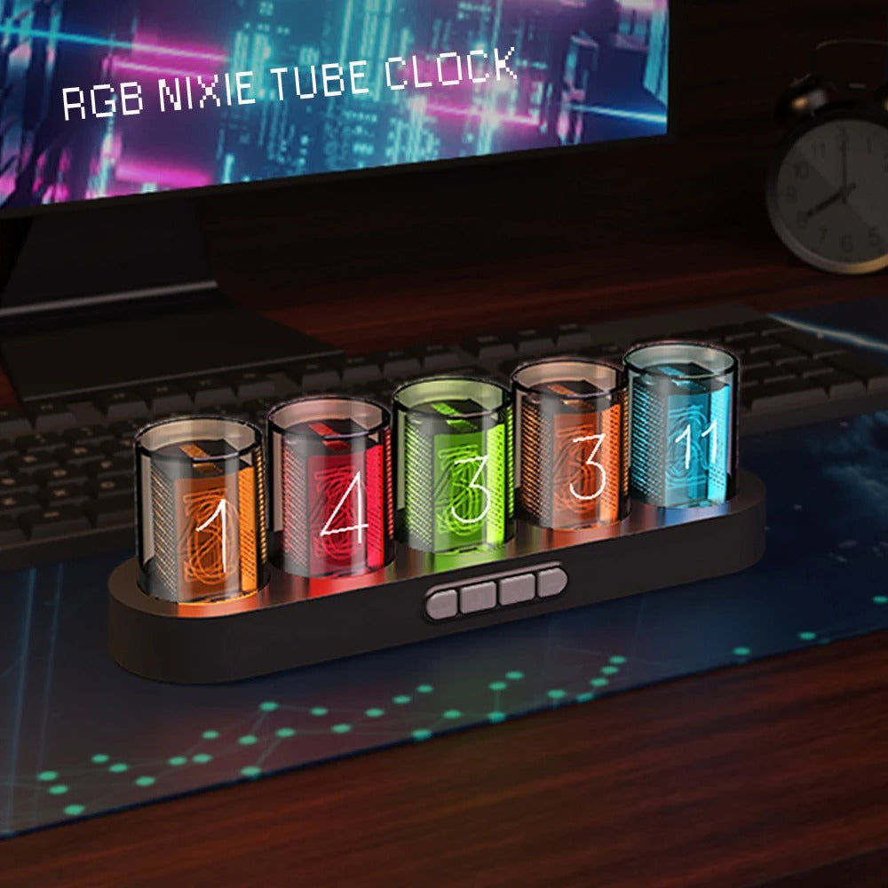 Digital Nixie Tube Clock with RGB LED Glows for Game Room Desktop Decoration.