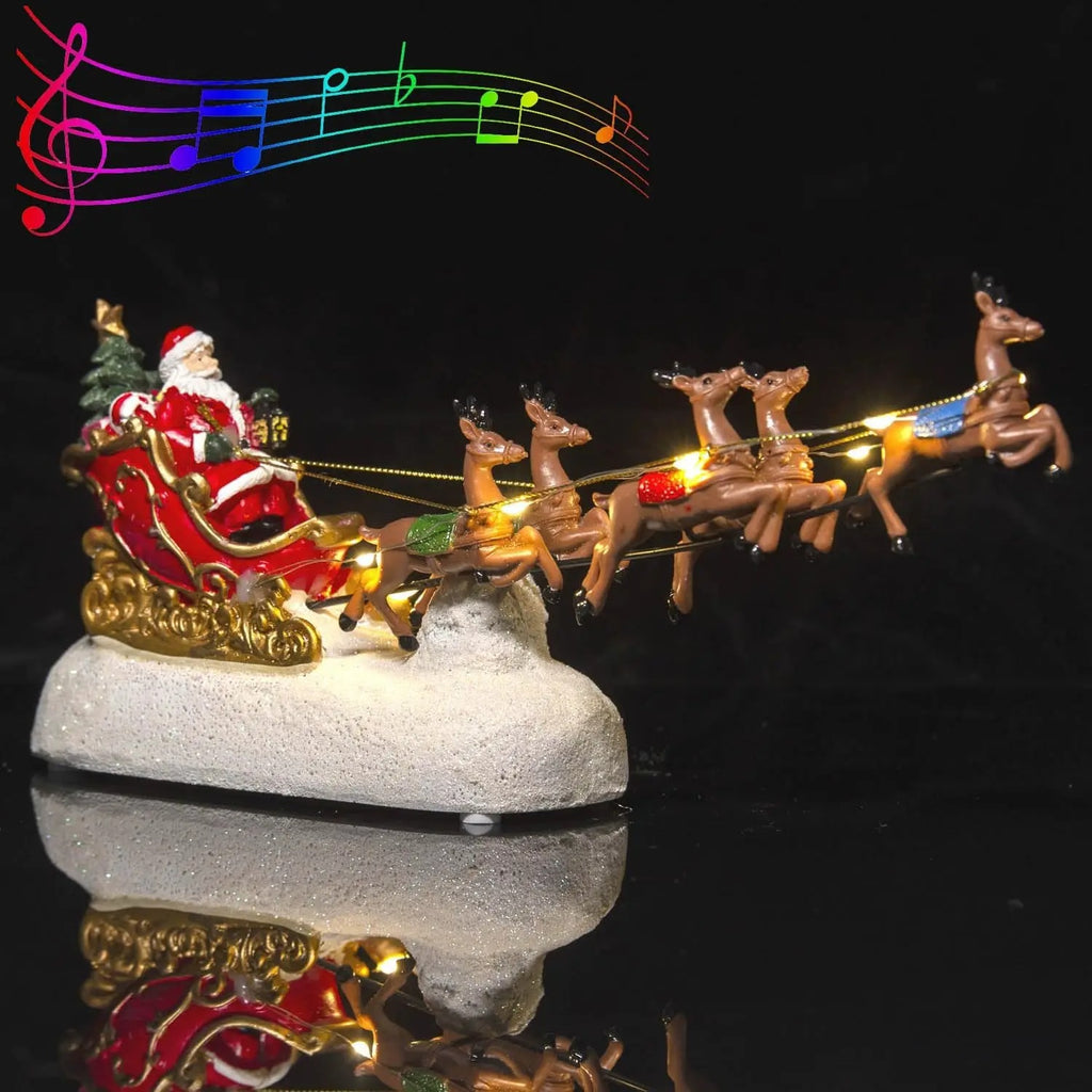 Santa Claus Sleigh & Reindeer LED Figurine – Christmas Village Tabletop Decoration