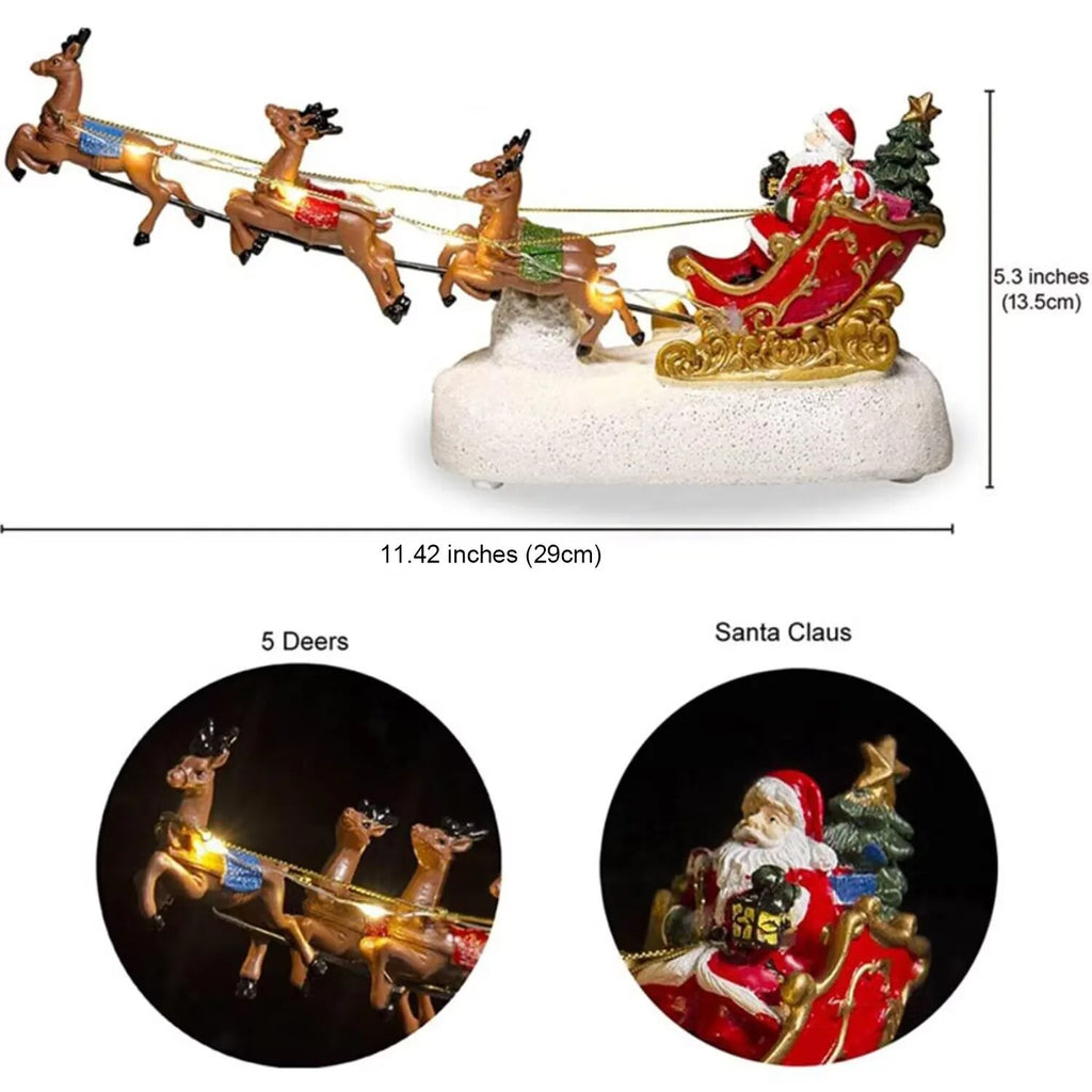 Santa Claus Sleigh & Reindeer LED Figurine – Christmas Village Tabletop Decoration