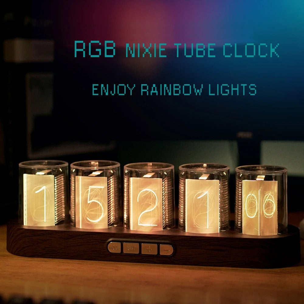 Digital Nixie Tube Clock with RGB LED Glows for Game Room Desktop Decoration.