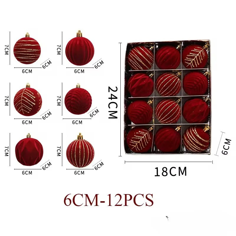 Wine Red Christmas Ball Ornaments – 12/16pcs 6cm Flocked Holiday Tree Decorations