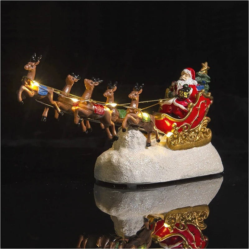 Santa Claus Sleigh & Reindeer LED Figurine – Christmas Village Tabletop Decoration