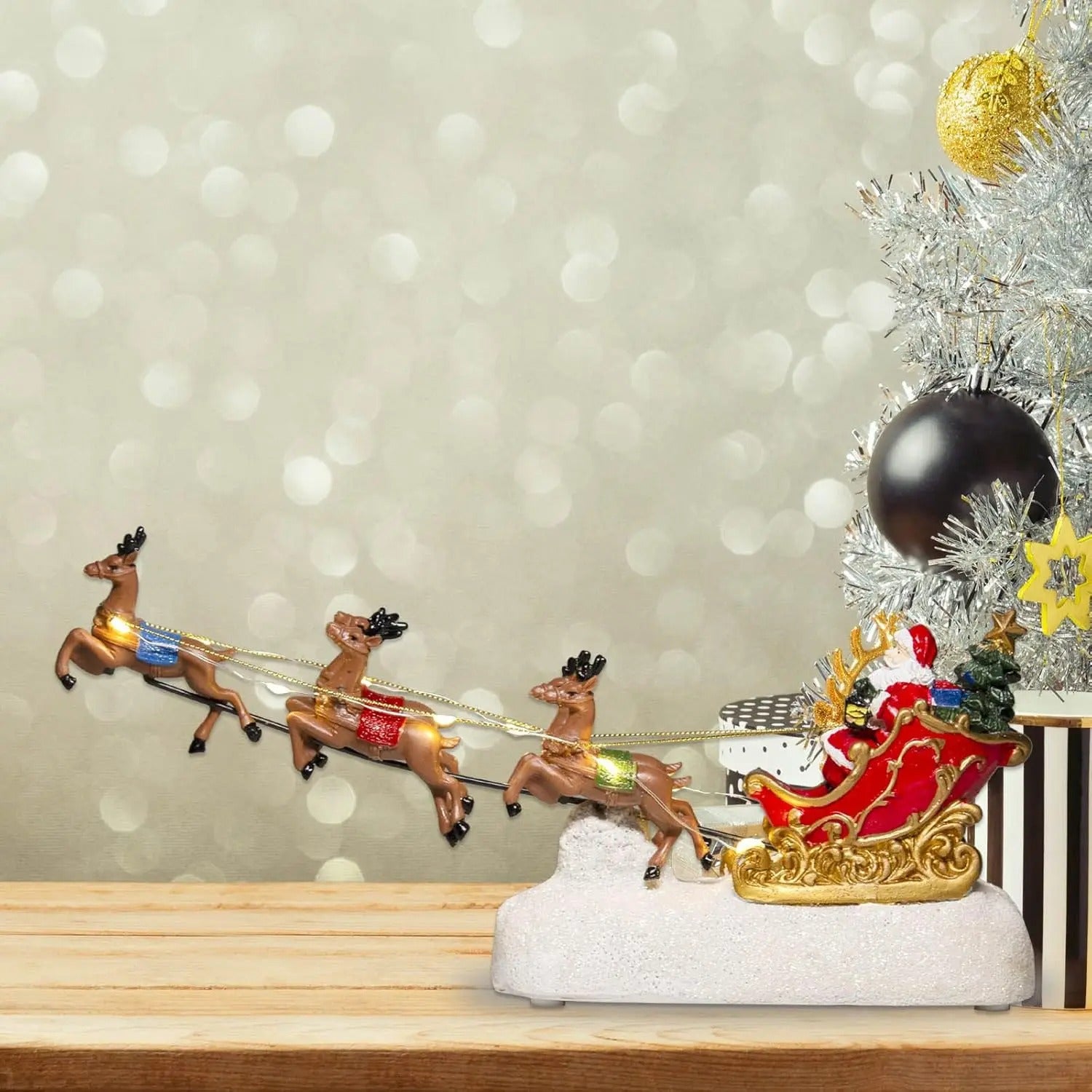 Santa Claus Sleigh & Reindeer LED Figurine – Christmas Village Tabletop Decoration