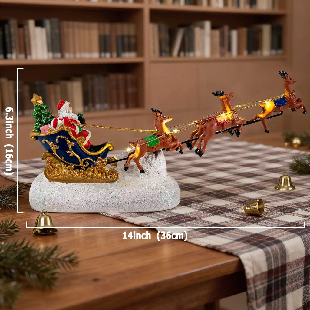 Santa Claus Sleigh & Reindeer LED Figurine – Christmas Village Tabletop Decoration