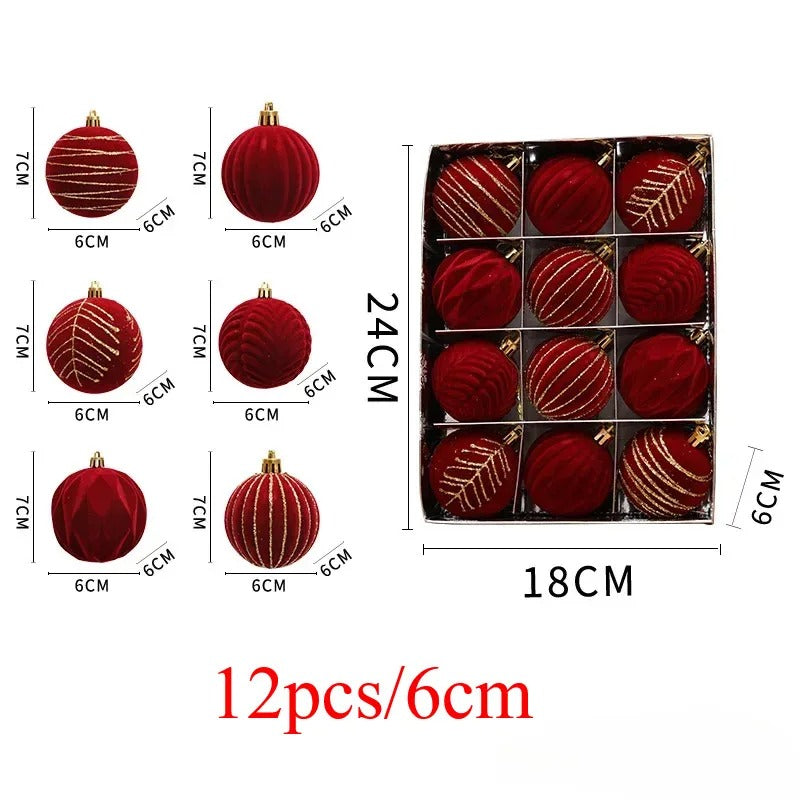 Wine Red Christmas Ball Ornaments – 12/16pcs 6cm Flocked Holiday Tree Decorations