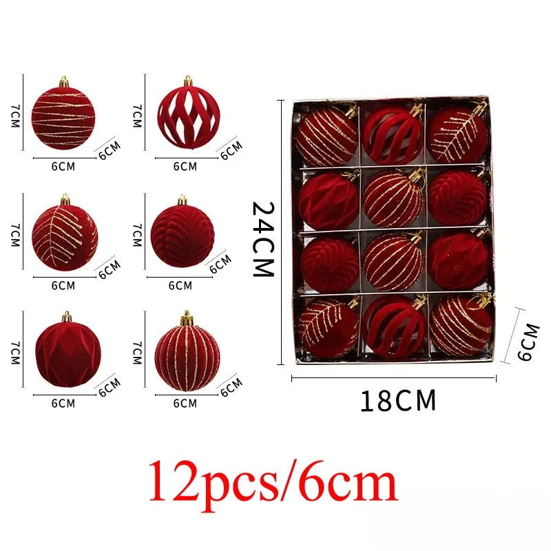 Wine Red Christmas Ball Ornaments – 12/16pcs 6cm Flocked Holiday Tree Decorations